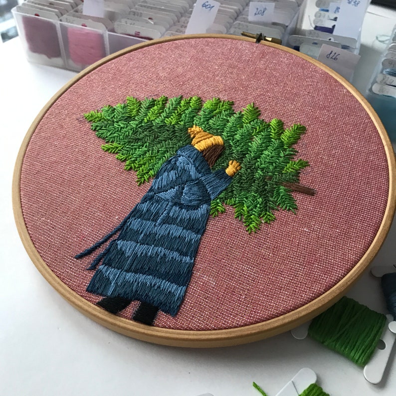 Girl and pine tree. Hand Embroidery pattern PDF. DIY. Embroidery Hoop art, Hand Embroidery, Wall Decor, Housewarming Gift. Stitch guide image 3