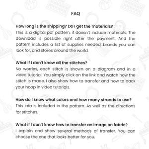 May include: FAQ section of a digital embroidery pattern listing, answering questions about shipping, materials, stitches, colors, and transferring images to fabric.