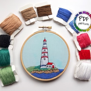 Lighthouse Hand Embroidery pattern PDF. DIY Embroidery Hoop art, Hand Embroidery, Wall Decor, Housewarming Gift. Free Hand embroidery guide!