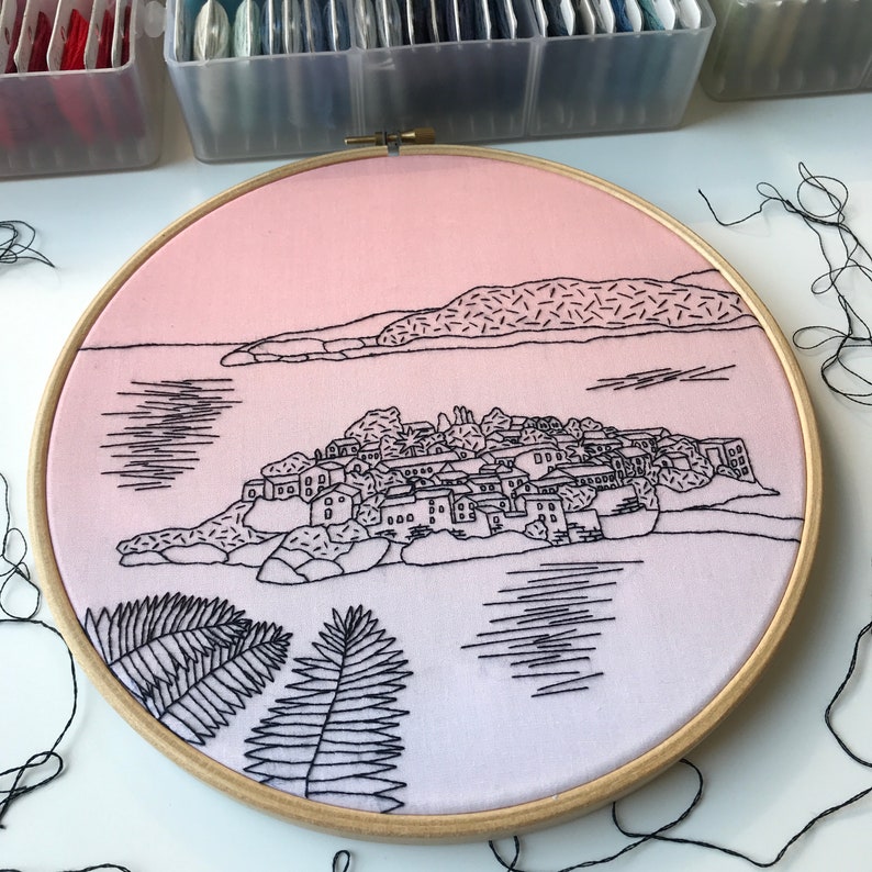 Sveti Stefan, Montenegro B&W Hand Embroidery pattern PDF. Embroidery Hoop art. DIY. Wall Decor, Housewarming Gift. Hand embroidery guide image 2