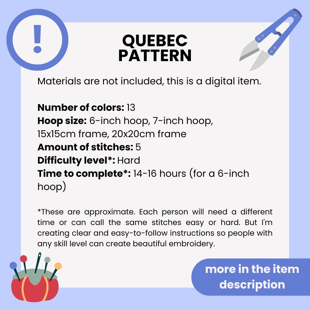 Quebec, Canada. Hand Embroidery Pattern PDF With Embroidery Guide and ...