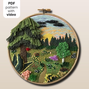 Forest landscape, 3D hand embroidery pattern PDF. Step-by-step instructions and video tutorial