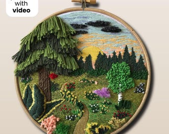 虹の風景刺繍パターン、PDF DIY自然デザイン、カラフルな風景画フープ