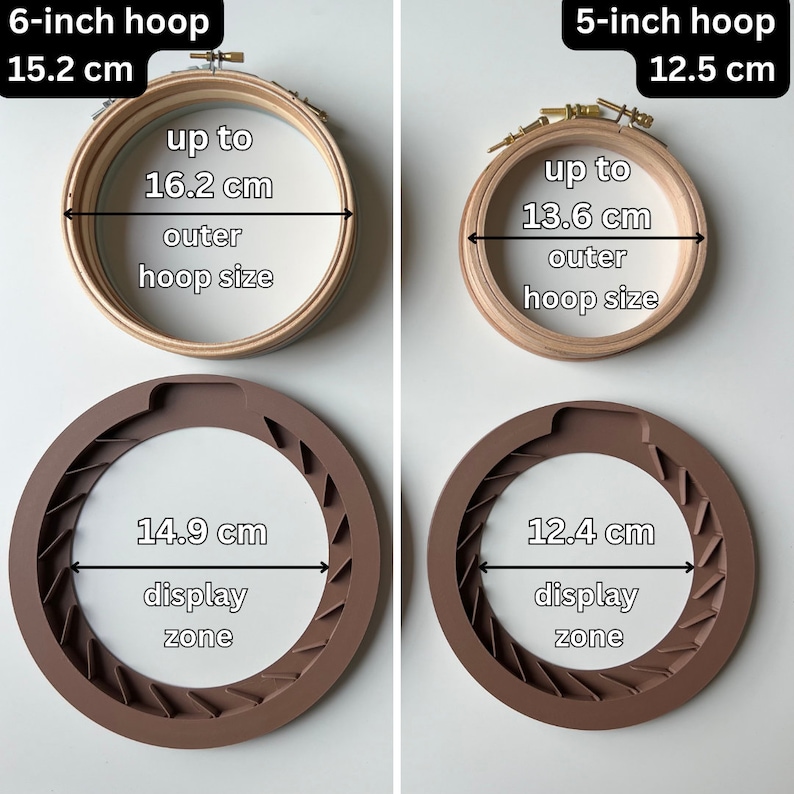 May include: Two embroidery hoops, one 6 inches (15.2 cm) and one 5 inches (12.5 cm), with measurements for the outer hoop size and the display zone.