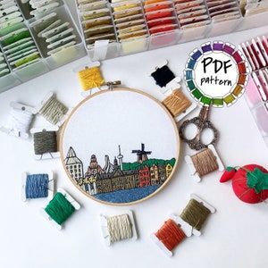 Rotterdam, Netherlands. Hand Embroidery pattern PDF. DIY Embroidery Hoop art, Wall Decor, Housewarming Gift. Free Hand embroidery guide!