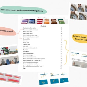 May include: A guide for hand embroidery with a table of contents listing basic stitches, how to embroider different elements, and how to finish your embroidery hoop. The guide includes photos, diagrams, and videos.
