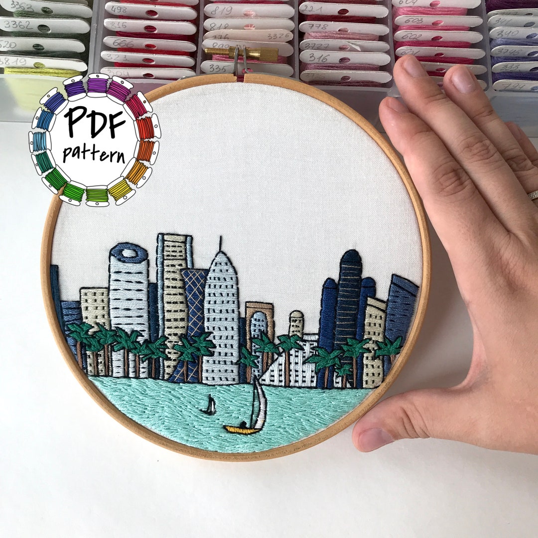 Doha, Qatar Hand Embroidery Pattern PDF DIY Embroidery Hoop Art, Hand