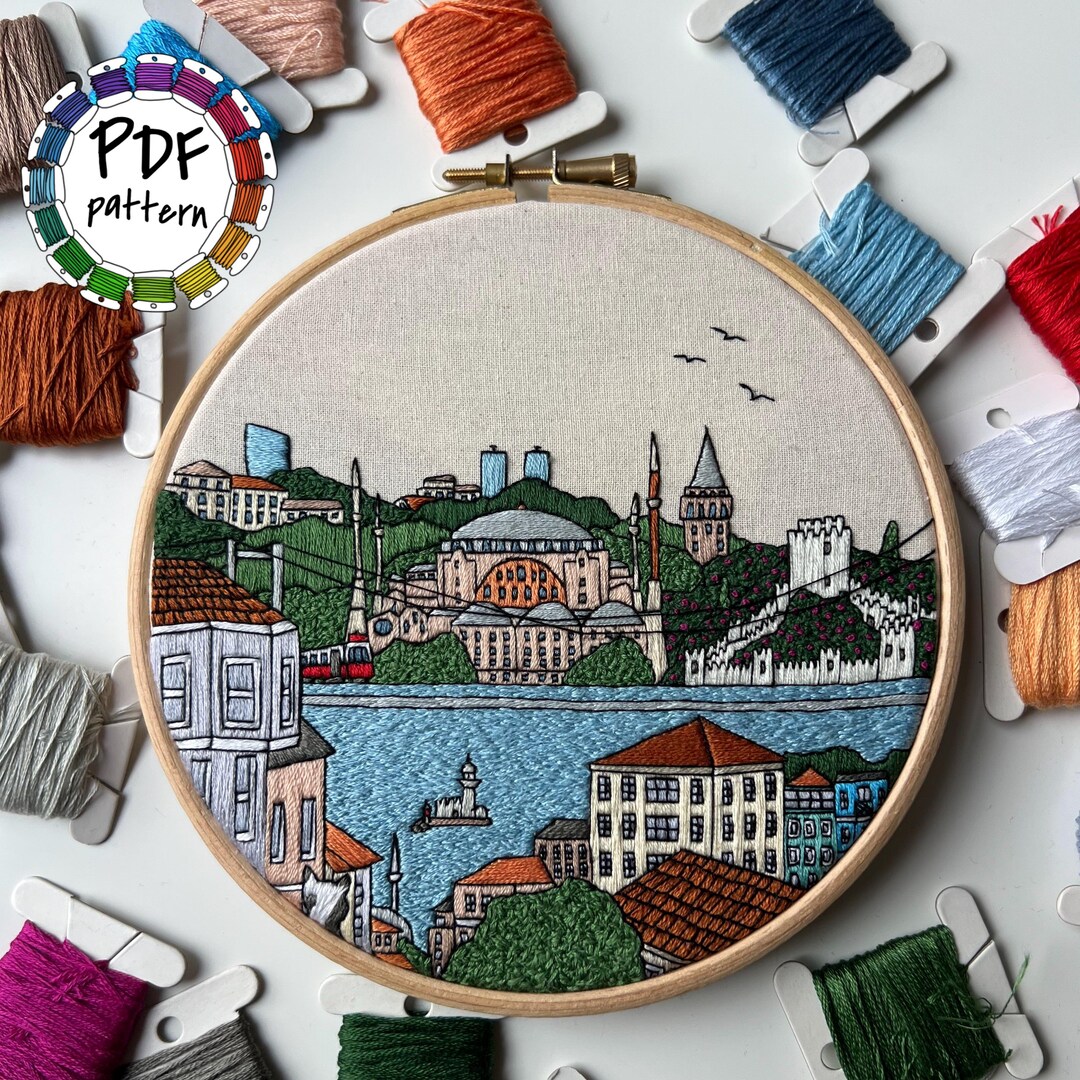 トルコ、イスタンブール。手刺繍パターンPDF。手刺繍ガイドとビデオ