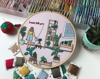 Hoop art. Girl and plants. Embroidery Hoop, Hand Embroidery, Embroidery Hoop Art, Wall Decor, Housewarming Gift.