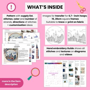 Puede incluir: Un patr&oacute;n de bordado digital para un dise&ntilde;o de horizonte de Londres. El patr&oacute;n incluye una lista de suministros, instrucciones de puntadas, una tabla de colores y una gu&iacute;a con diagramas y videos. El patr&oacute;n es adecuado para aros de 6,7 pulgadas o marcos cuadrados de 15-20 cm.