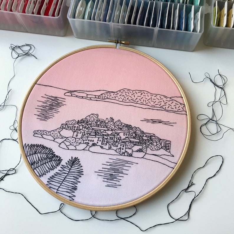 Sveti Stefan, Montenegro B&W Hand Embroidery pattern PDF. Embroidery Hoop art. DIY. Wall Decor, Housewarming Gift. Hand embroidery guide image 8