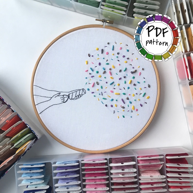 May include: A white embroidery hoop with a black line drawing of a hand holding a party popper. The popper is releasing colorful confetti. The hoop is surrounded by a variety of embroidery floss.