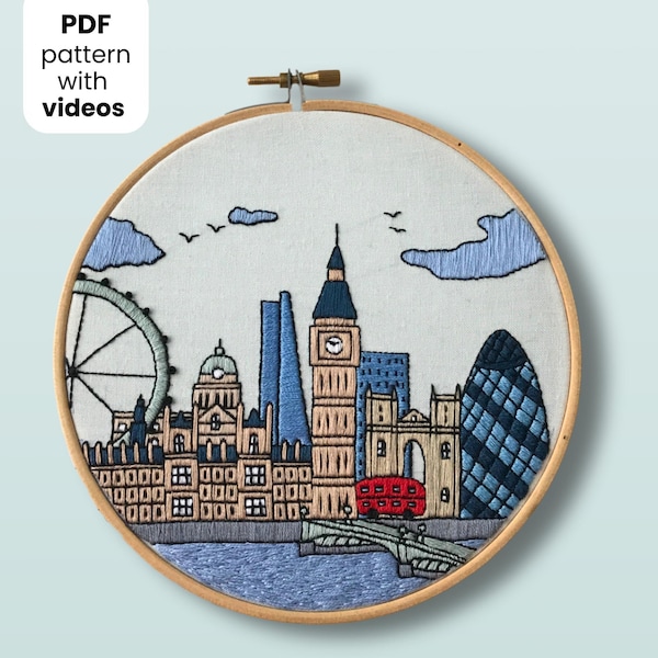 Londen, Verenigd Koninkrijk. PDF handborduurpatroon met borduurgids en videotutorials