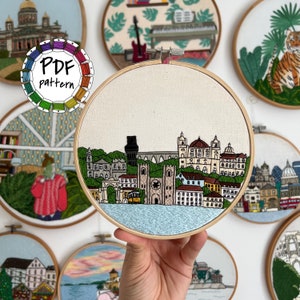 Lisbon, Portugal. City Hand Embroidery Pattern PDF. DIY Embroidery Art, Housewarming Gift. Free Hand embroidery guide with video tutorials.