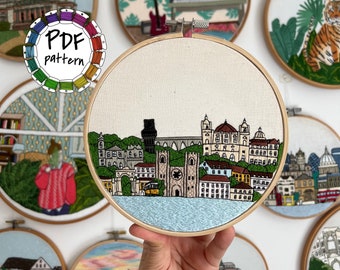 Lisbon, Portugal. City Hand Embroidery Pattern PDF. DIY Embroidery Art, Housewarming Gift. Free Hand embroidery guide with video tutorials.