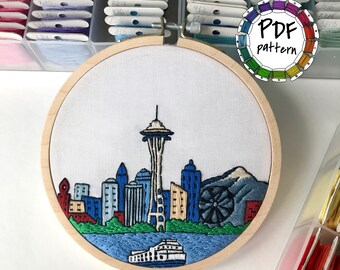 Seattle WA, United States. Hand Embroidery pattern PDF. DIY. Embroidery Hoop art, Wall Decor, Housewarming Gift. Free Hand embroidery guide!