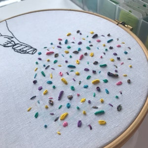 May include: A white embroidery hoop with a hand-stitched design of a hand holding a container pouring out colorful confetti. The confetti is made of various colors of embroidery floss, including yellow, pink, blue, green, and purple.
