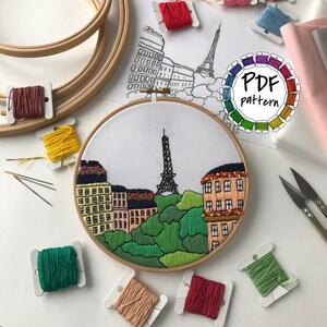 Paris, France. Hand Embroidery pattern PDF. Embroidery Hoop art. DIY. Wall Decor, Housewarming Gift. Free Hand embroidery guide!