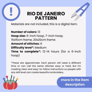 Puede incluir: Un patr&oacute;n de bordado digital para R&iacute;o de Janeiro, con 13 colores, un aro de 15 cm o 20 cm, y 6 puntadas. Se estima que el patr&oacute;n tardar&aacute; 12-14 horas en completarse.