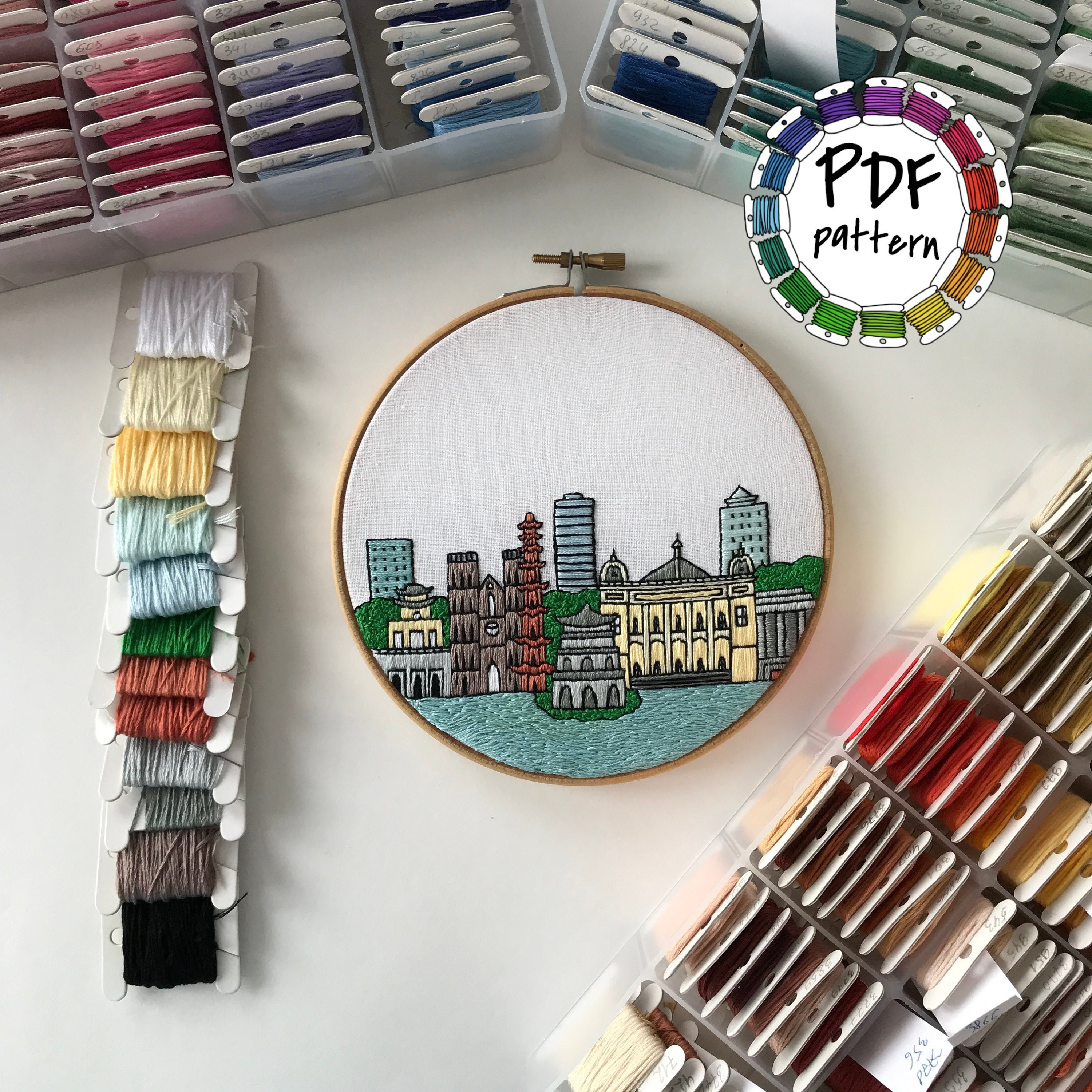 ベトナム、ハノイ。手刺繍パターンPDF。DIY刺繍アート、新築祝い