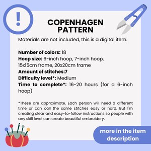 Puede incluir: Un patr&oacute;n de bordado digital para un dise&ntilde;o de Copenhague. El patr&oacute;n requiere 18 colores y tarda 16-20 horas en completarse. El patr&oacute;n es para un aro de 6 pulgadas o 7 pulgadas.