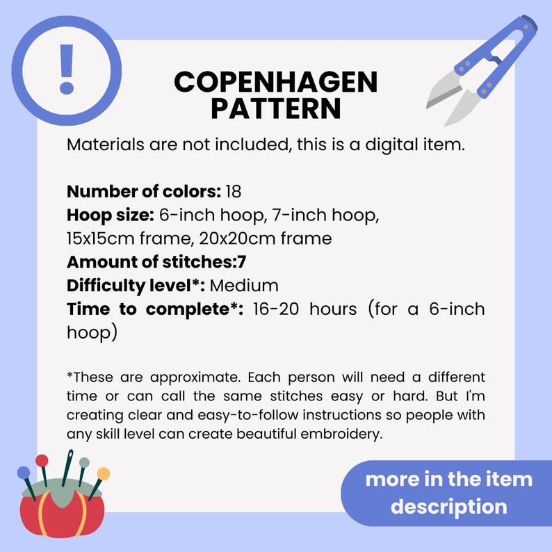 Puede incluir: Un patr&oacute;n de bordado digital para un dise&ntilde;o de Copenhague. El patr&oacute;n requiere 18 colores y tarda 16-20 horas en completarse. El patr&oacute;n es para un aro de 6 pulgadas o 7 pulgadas.