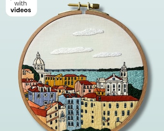 Lisbon, Portugal. Hand Embroidery Pattern PDF with Embroidery Guide and video tutorials