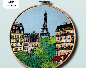París, Francia. Patrón de bordado arquitectónico a mano en PDF con guía de bordado y videotutoriales.