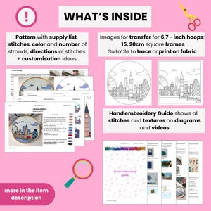 May include: A digital embroidery pattern for a London skyline design. The pattern includes a supply list, stitch instructions, color chart, and a guide with diagrams and videos. The pattern is suitable for 6.7-inch hoops or 15-20 cm square frames.