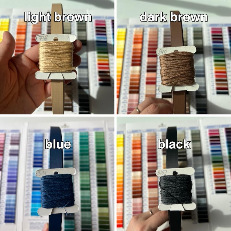 May include: Four spools of thread in different colors: light brown, dark brown, blue, and black. Each spool is labeled with a number and is attached to a piece of leather.