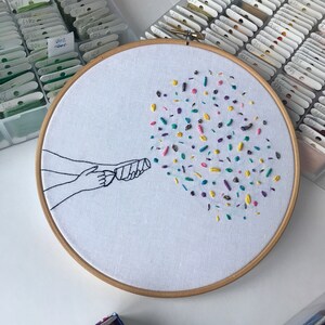 May include: A white embroidery hoop with a hand-stitched design of a hand holding a party popper with confetti exploding out of it. The confetti is in various colors, including pink, blue, yellow, green, and purple.