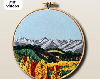 Mountain range and autumn forest. Hand Embroidery pattern PDF with Video tutorial