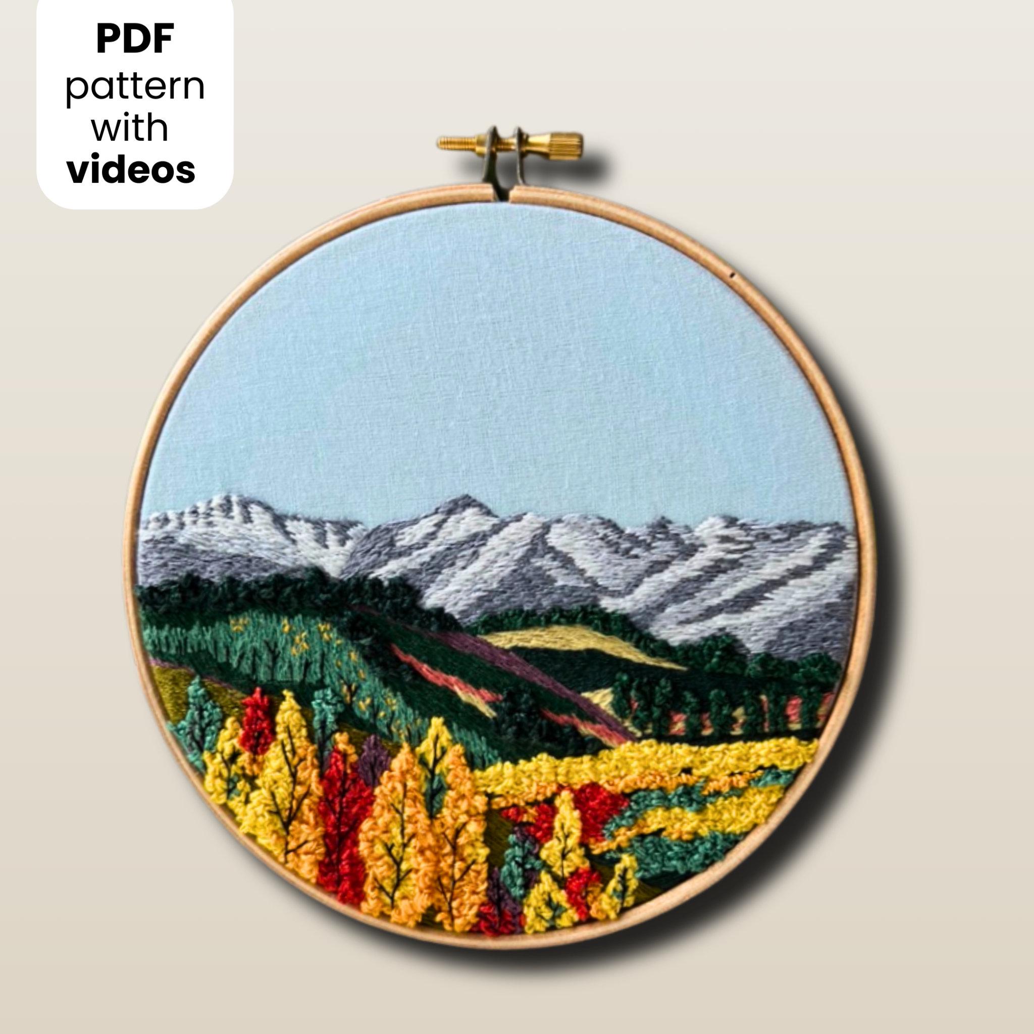 ヨーロッパ式刺繍絵タペストリー: Autumn in the Mountain Mountain Range and Autumn Forest. Hand Embroidery Pattern PDF With