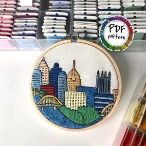 Pittsburgh PA, United States. Hand Embroidery pattern PDF. Embroidery Hoop art. DIY Wall Decor Housewarming Gift. Free Hand embroidery guide