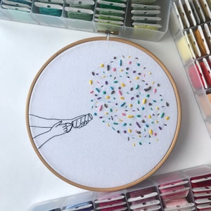 May include: A white embroidery hoop with a hand-stitched design of a hand holding a party popper with confetti exploding out of it. The confetti is in various colors, including pink, blue, green, yellow, and purple.