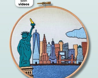 Nueva York, NY, Estados Unidos. Patrón de bordado a mano del horizonte de la ciudad en formato PDF con guía de bordado y videotutoriales.