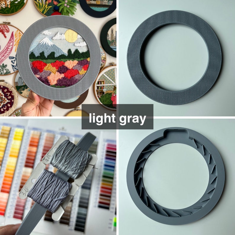 May include: A set of three embroidery hoops in different sizes. The hoops are made of light gray plastic and have a smooth, rounded edge. The largest hoop is 10 inches in diameter, the middle hoop is 7 inches in diameter, and the smallest hoop is 5 inches in diameter.
