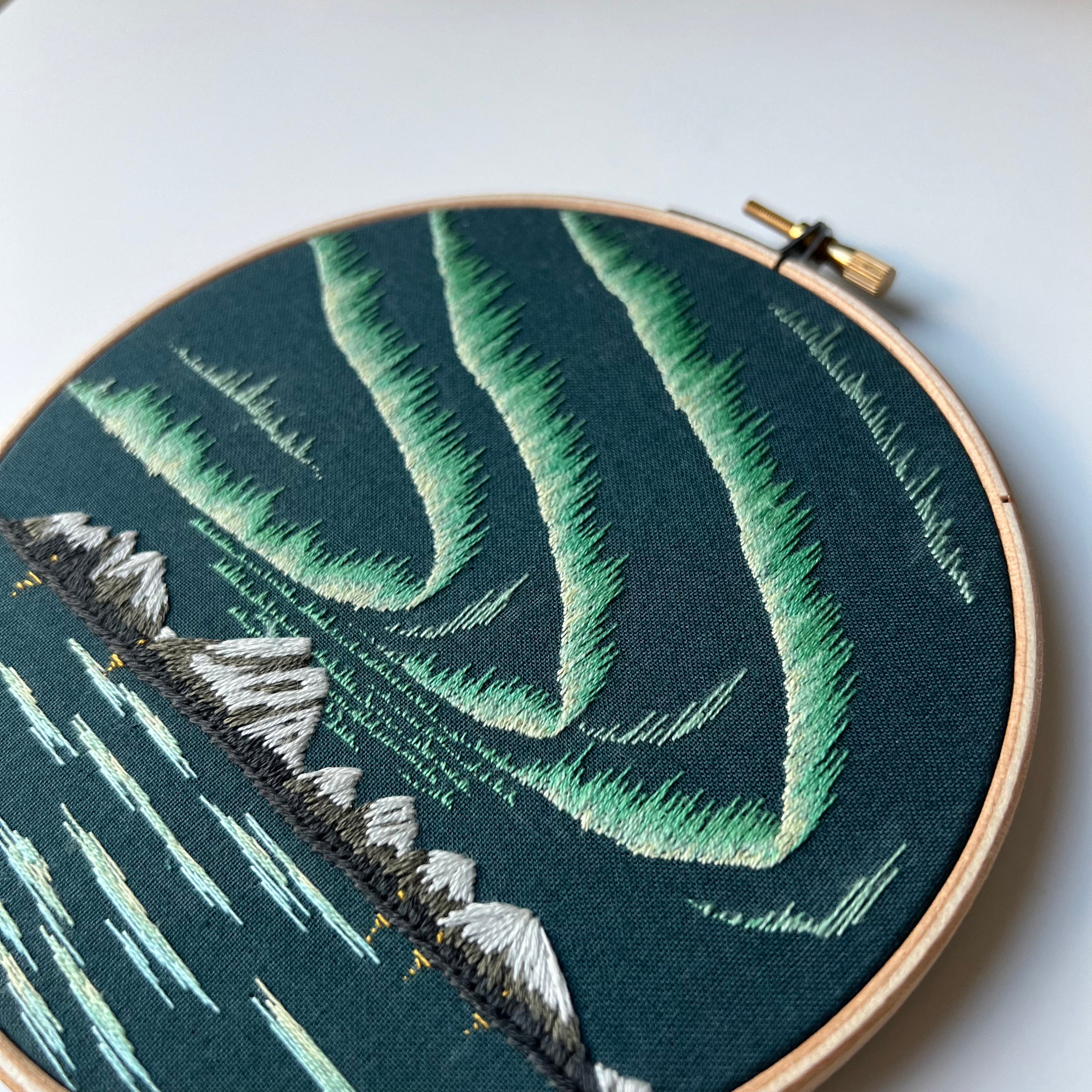 Embroidery northern lights  Miniature embroidery, Embroidery hoop art,  Embroidery and stitching