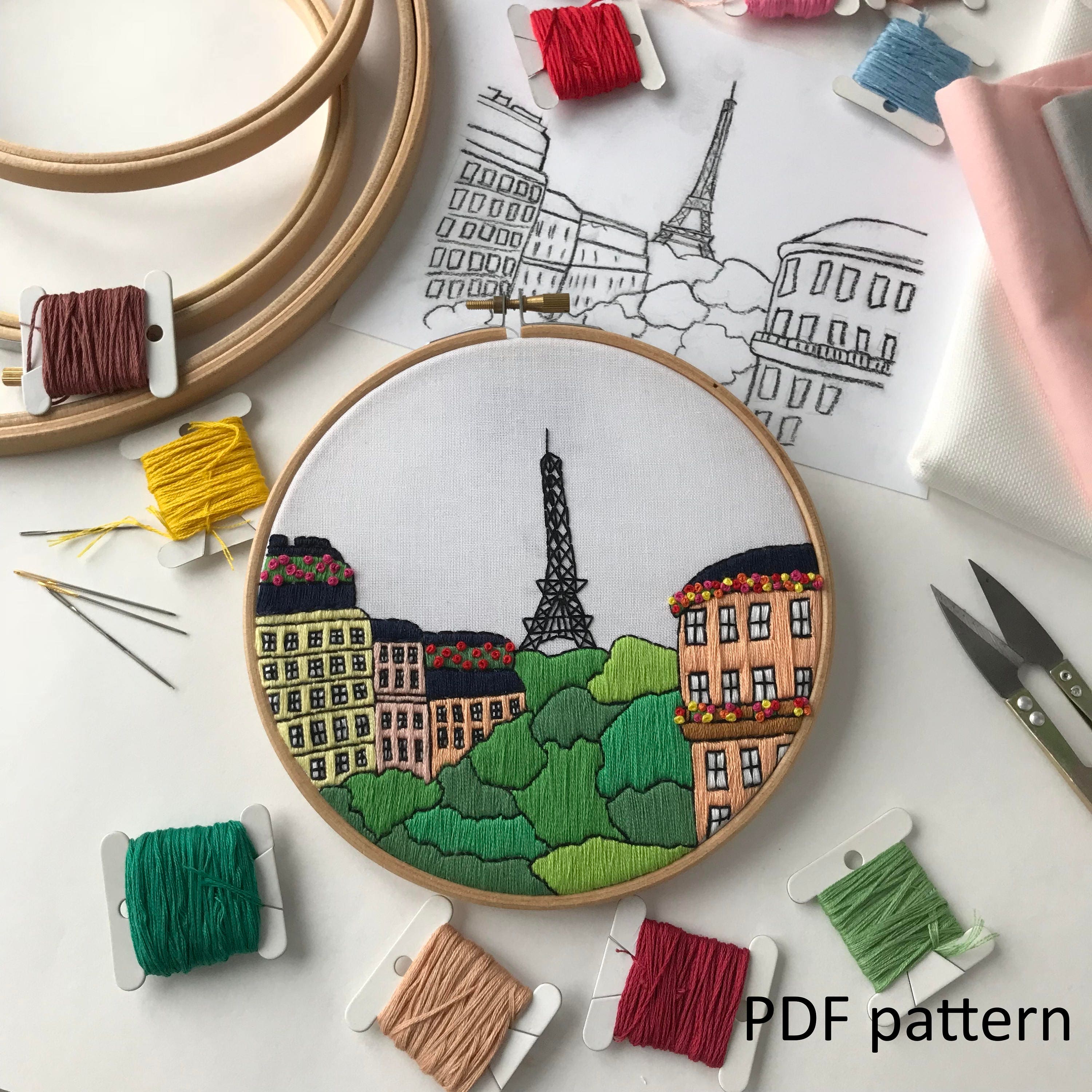 Paris France. Hand Embroidery pattern PDF. Embroidery Hoop Etsy