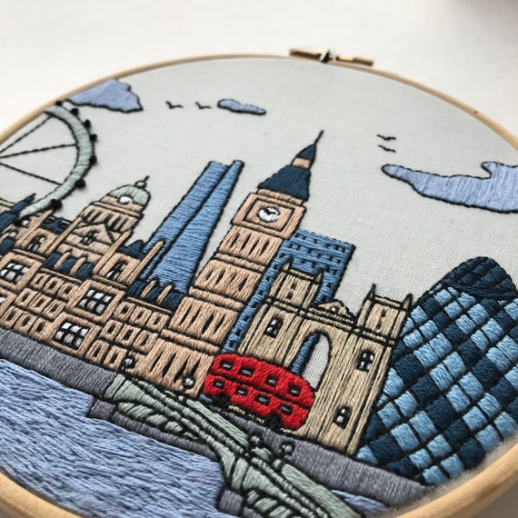 ロンドン（イギリス）。手刺繍パターンPDF、刺繍ガイド、ビデオ