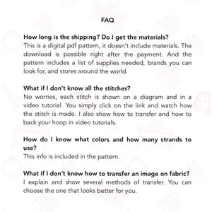 May include: FAQ section of a digital embroidery pattern listing. The text explains the shipping process, how to use the stitches, and how to transfer an image to fabric.