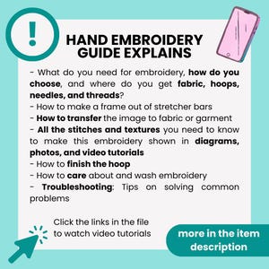 Puede incluir: Una gu&iacute;a azul turquesa con un signo de exclamaci&oacute;n blanco en un c&iacute;rculo en la parte superior. El texto "HAND EMBROIDERY GUIDE EXPLAINS" est&aacute; en negro. La gu&iacute;a enumera los pasos para el bordado a mano, incluyendo c&oacute;mo elegir los materiales, transferir las im&aacute;genes, coser y terminar el aro. La gu&iacute;a tambi&eacute;n incluye consejos para la resoluci&oacute;n de problemas. Un tel&eacute;fono inteligente rosa con una pantalla blanca est&aacute; en la esquina superior derecha. Una flecha verde con una estrella blanca apunta al texto "Haga clic en los enlaces del archivo para ver los tutoriales en video". El texto "m&aacute;s en la descripci&oacute;n del art&iacute;culo" est&aacute; en blanco sobre un fondo verde.