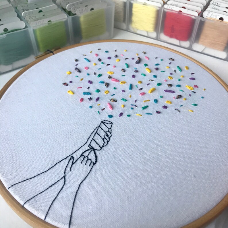 May include: Embroidered hoop art featuring a hand holding a party popper with colorful confetti exploding from it.
