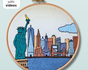 Nueva York, NY, Estados Unidos. Patrón de bordado a mano del horizonte de la ciudad en formato PDF con guía de bordado y videotutoriales.