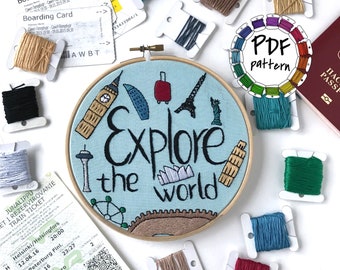 Explore the world - travel. Hand Embroidery Pattern PDF with Embroidery Guide and video tutorials