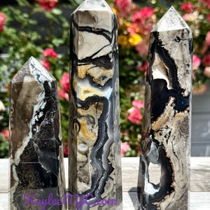 May include: Three polished stone obelisks with a variety of colors, including black, white, and tan. The obelisks have a geometric shape and are standing upright. The background is blurred with pink flowers.