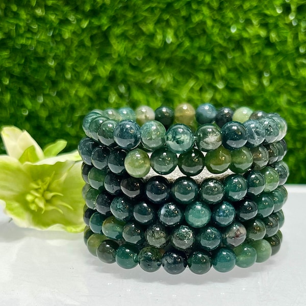 Wholesale Lot 6 Pcs Natural Moss Agate 8mm 7.5” Crystal Healing Stretch Bracelet