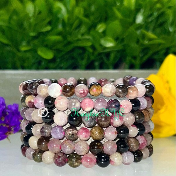 Wholesale 6 Pcs Natural Watermelon Tourmaline 6mm 7.5” Crystal Healing Stretch Bracelet