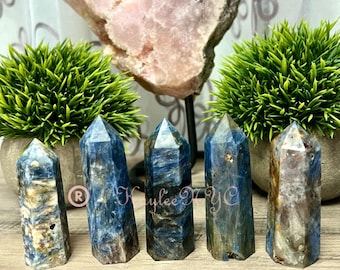 May include: Five blue and brown crystal points, also known as blue apatite, arranged in a row on a wooden surface. The crystals are all about 2 inches tall and have a pointed tip. The crystals are a mix of blue, brown, and white.
