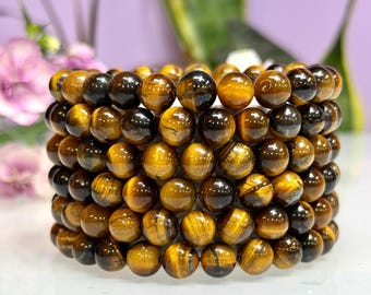 Wholesale 6 Pcs 8mm Tiger Eye Natural Crystal Healing Stretch Bracelet 7.5"